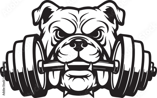 Black and white illustration of a muscular bulldog lifting dumbbell