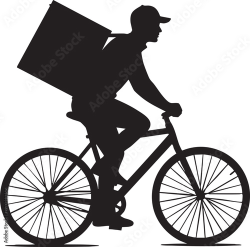 Silhouette of a delivery person riding a bicycle with a large box
