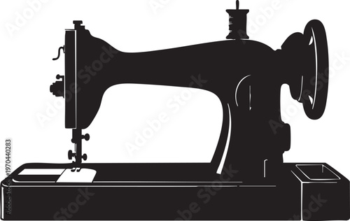Black silhouette of a vintage sewing machine with spool and wheel