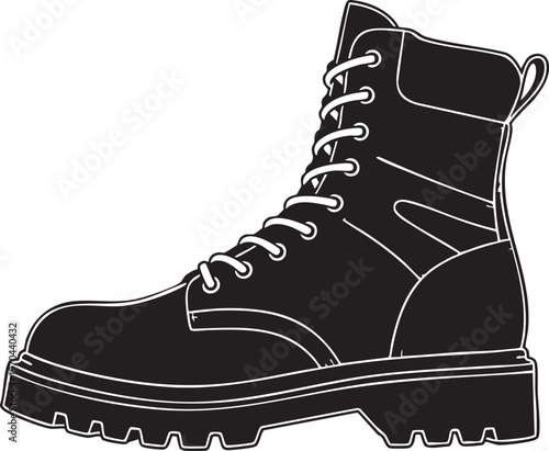 A black combat boot with white laces and a rugged sole