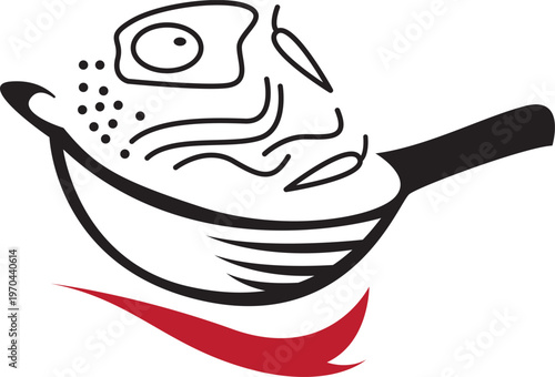 Illustration of a wok and shrimp and seasonings in it