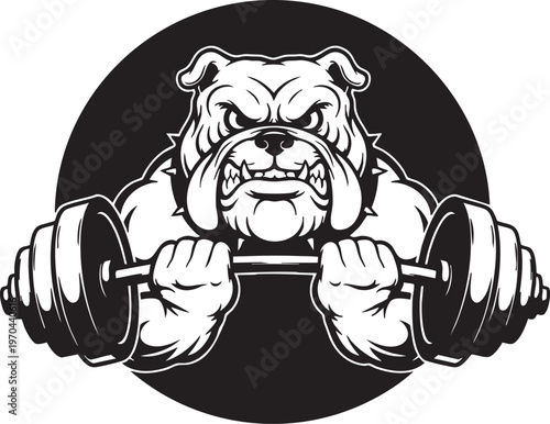 A muscular bulldog lifting dumbbells in a black and white graphic illustration