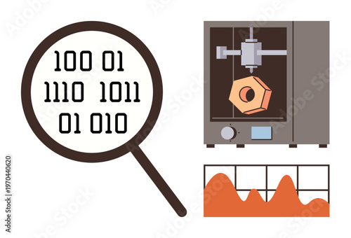 Data science, 3D modeling, technology development, manufacturing, analytics, automation. Magnifying glass with binary code, 3D printer and graph. Data science and 3D modeling applications