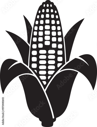 A black silhouette illustration of an ear of corn with leaves