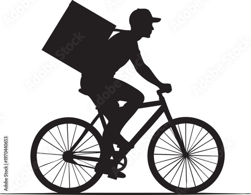Silhouette of a delivery person riding a bicycle with a large box on their back