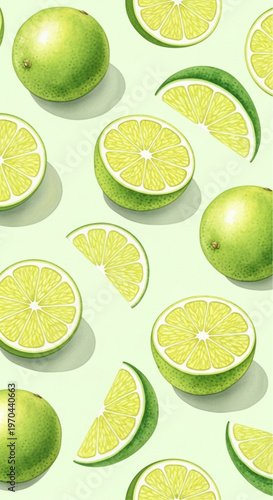 Fresh limes create a refreshing and zesty food photography background. The images showcase a refreshing and zesty, full lime and a halved lime, ideal for culinary projects.