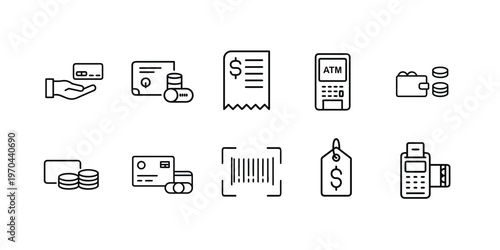 Finance and banking web line icons set featuring debit bill, wallet deposit, data graph, calculator, ATM machine, credit card, and more Vector Illustration with editable stroke