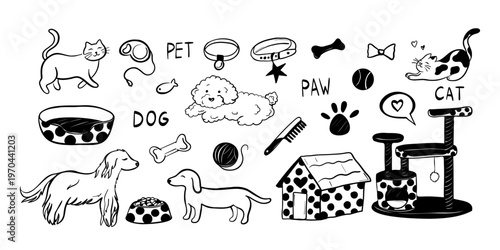 Hand drawn pets doodle set with cats and dogs with accessories and pet care elements. Cartoon playful animal line print. Vector illustration.