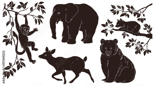 Diverse wild animal silhouettes collection featuring elephant, monkey, bear, deer, and other forest creatures. Nature wildlife design elements.