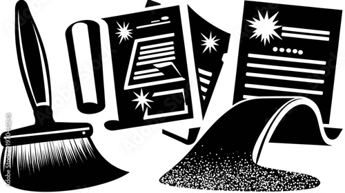 Stylized vector illustration of cleaning process with brush, sweeping dust, and documents, symbolizing organization and information tidiness.