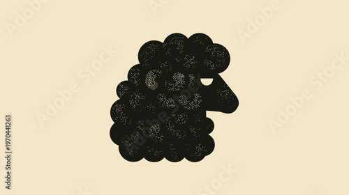 Minimalist black sheep head in profile illustration on a light background, unique woolly animal design concept