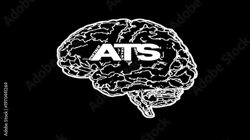 Abstract White Human Brain Outline with 'ATS' Text on Black Background, Symbolizing Intelligence, AI, and Learning