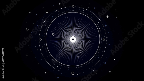 Mystical Cosmic Diagram with Central Starburst, Celestial Orbits, and Abstract Geometric Symbols on Dark Background