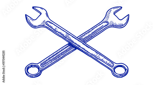 Classic Hand Drawn Blue Crossed Wrenches Illustration. Mechanic Tool Symbol for Repair, Service, Maintenance, Engineering Graphic.