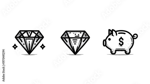 Financial wealth and savings icon set featuring valuable diamonds and a money piggy bank. Investment and luxury concept.