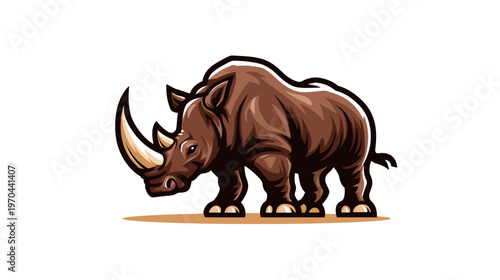 Powerful rhinoceros cartoon illustration with prominent horn. Strong African safari animal mascot design, wildlife mammal character.