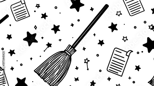 Whimsical Black and White Hand-drawn Seamless Pattern with Magic Broom, Sparkling Stars, and Document Scrolls