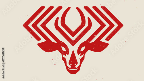 Geometric Deer Head Emblem Illustration with Antlers. Stylized Vintage Rustic Animal Logo Design in Red. Minimalist Wildlife Art.