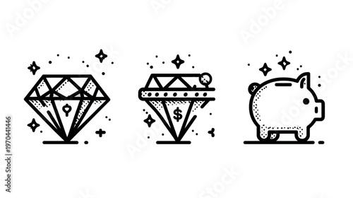 Line art icons for finance, savings, and wealth: sparkling diamond, money gem, and piggy bank for investment concepts.