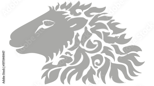 Stylized sheep head profile in monochrome grey with elegant, decorative ornamental fleece pattern. Abstract animal illustration.