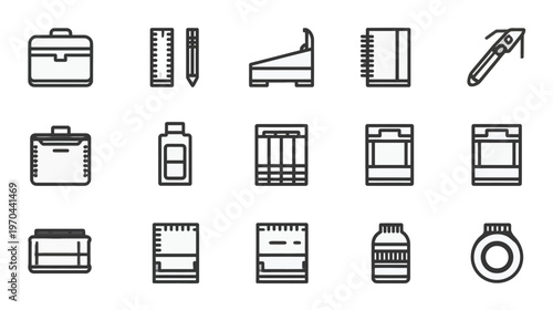 Minimalist Outline Icons Set for Office Supplies, Stationery, and School Tools. Vector Illustrations for Business and Education.