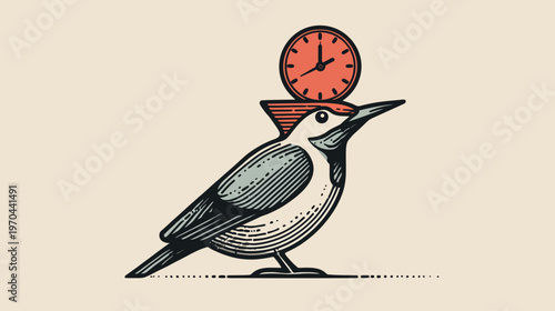 Vintage Engraving Style Bird Illustration with Clock. Hand-drawn artwork symbolizing time, punctuality, deadlines, and schedule.