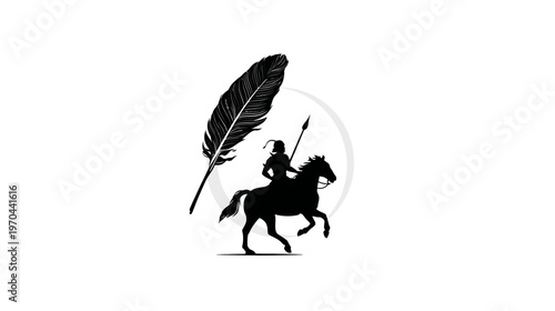 Dynamic black silhouette graphic of a warrior on horseback holding a spear, with a prominent feather, symbolizing strength and history.