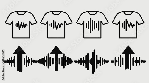 Minimalist vector design of t-shirts with sound wave patterns and audio upload icons for music, podcast, and recording concepts.