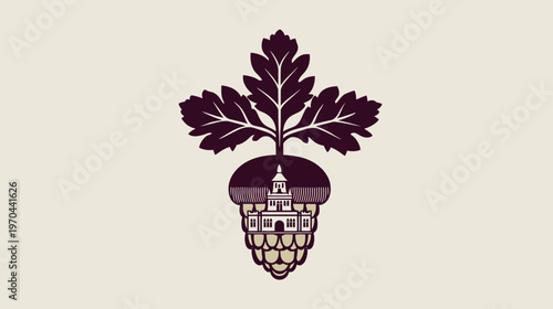 Elegant wine vineyard emblem with stylized grape leaf and classic building silhouette vector illustration on light background