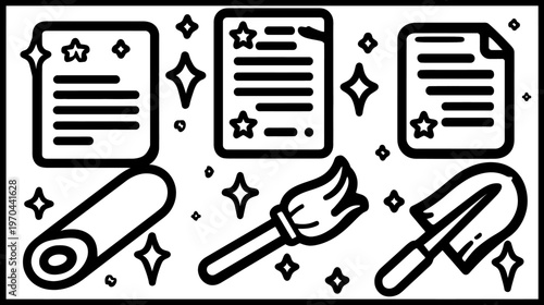 Outline vector icons: Quality control documents, cleaning broom, work tools, and process improvement concept with sparkles.