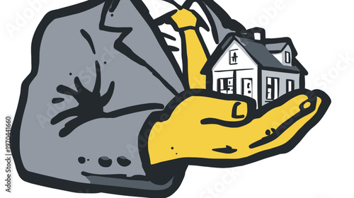 Stylized illustration of a businessman's hand holding a small house, symbolizing real estate investment, home ownership, property sales, or housing market concepts.