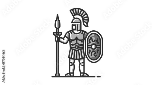 Classical Ancient Warrior Icon: Line Art Illustration of Soldier in Armor with Spear and Shield, Historical Military Symbol