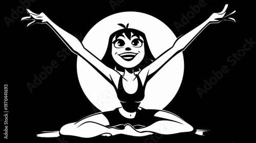 Joyful cartoon woman practicing yoga or stretching in a serene pose, black and white vector illustration with minimalist style