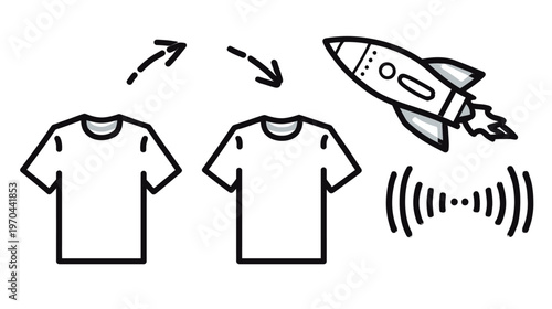 Speedy Apparel Transformation Icon: T-shirt Upgrade with Rocket Speed and Wireless Data Transfer Technology Concept