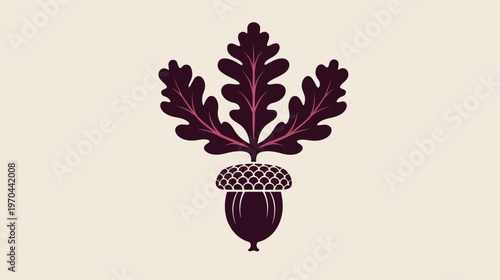 Decorative oak leaves and acorn vector illustration in elegant dark red and beige colors, botanical nature design