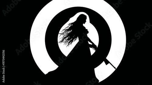 Dramatic silhouette of a powerful woman warrior with flowing hair and a weapon, framed by a graphic black and white circle design.