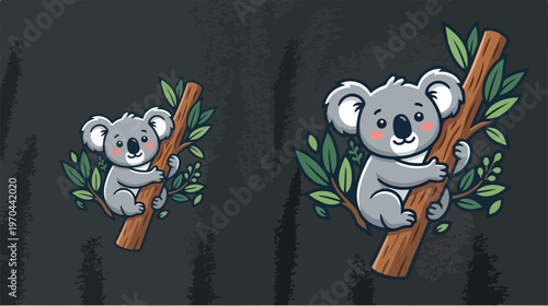 Adorable koala bears clinging to tree branches in a forest setting.