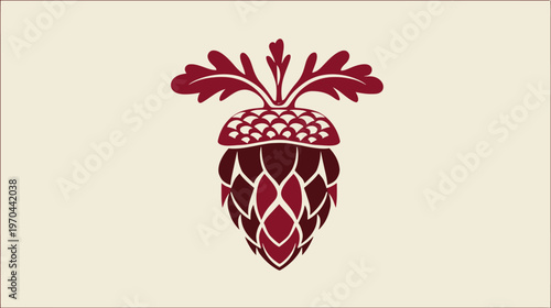 Stylized graphic illustration of an acorn cap combined with a hop cone, adorned with oak leaves, in a vintage red emblem style