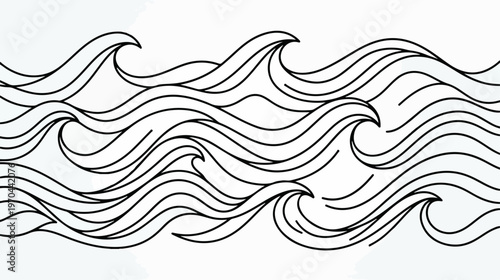 Black and white illustration of ocean waves in a seamless pattern.