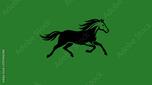 Black horse silhouette running on a green background.