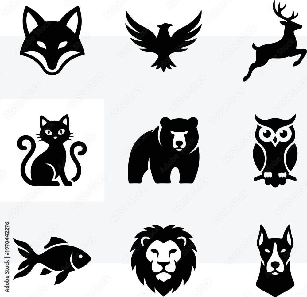 Obraz premium Collection of black animal silhouettes on a white background, perfect for design.