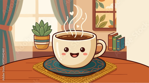 Cute coffee cup with steam on a wooden table in a cozy room.