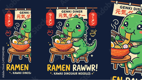 Cute dinosaur enjoying ramen noodles at a Japanese diner.