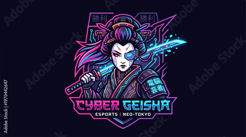Cyber Geisha Esports Logo - Neon Samurai Warrior in Neo-Tokyo.
