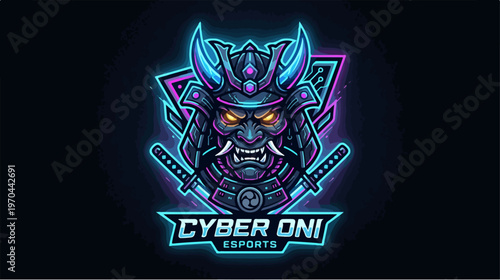 Cyber Oni Esports Logo - Samurai Warrior with Glowing Neon Design.