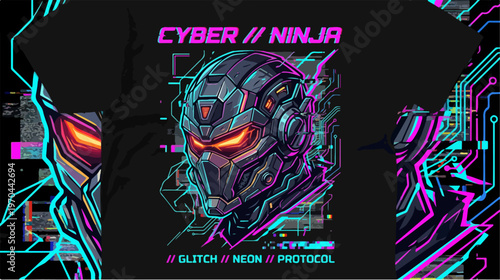 Cyber Ninja Neon Protocol Glitch Futuristic Design T-Shirt.