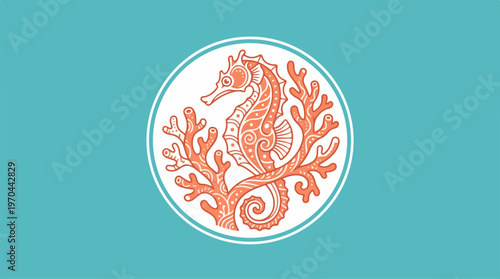 Elegant Seahorse Illustration with Coral Reef in a Circular Design.