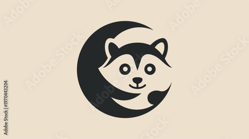 Husky dog logo design with crescent moon shape on beige background.