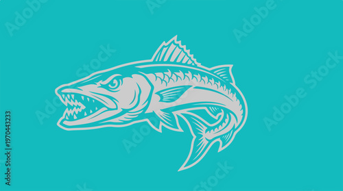 Intense Illustration of a Fierce Barracuda on a Turquoise Background.