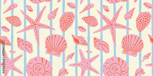 Diverse tropical beach sea shell seamless pattern. Summer marine animal background design. Vacation travel concept. Ocean snail collection flat cartoon backdrop illustration.